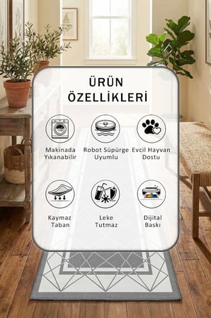 Aren Gri Yıkanabilir Yolluk Halı Kaymaz Taban Salon Mutfak Gri