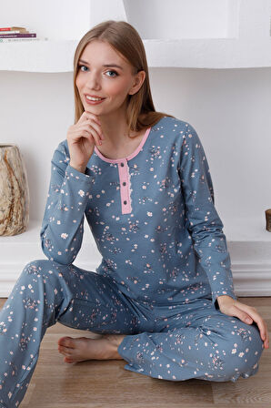 Desenli Kadın Pijama Takımı - 3 Düğmeli Uzun Kollu Likralı Penye Cepli Alt