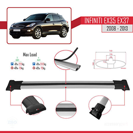 Infiniti EX35 EX37 2008-2013 Arası ile Uyumlu FLY Model Ara Atkı Tavan Barı Gri 3 Adet