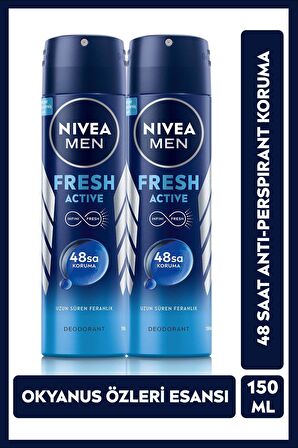 Nivea MEN erkek Sprey Deodorant Fresh Active 150ml x2 Adet, 48 Saat Koruma