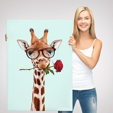 Ağzında Gül Olan Gözlüklü Zürafa Duvar Tablosu-6080