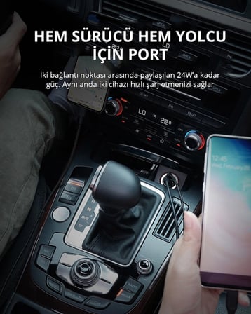 Aukey CC-A3-BK 30W PPS ve QC 3.0 PD Metal Çift Bağlantı Hızlı Araç Şarjı