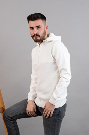 Slimfit Kapşonlu Erkek Spor Beyaz Sweatshirt