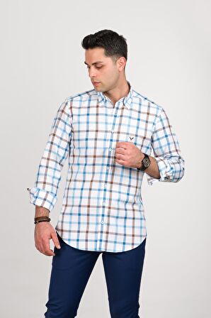 DORSS REGULAR FİT PAMUKLU YAKA DÜĞMELİ EKOSELİ PREMİUM SERİSİ ERKEK GÖMLEK