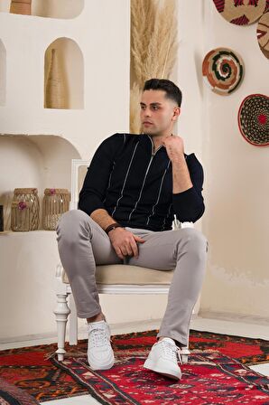 SAN&FA ÇİZGİLİ BALIKCI YAKA FERMUARLI REGULAR FİT ERKEK TRİKO KAZAK 