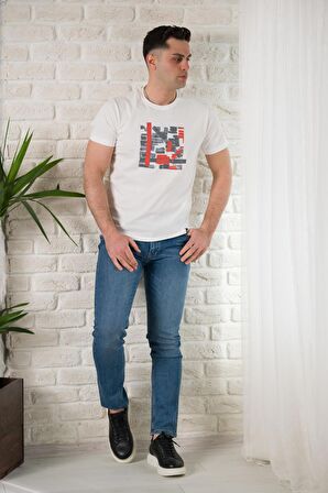 REGULAR FİT PAMUKLU BASKI DETAYLI ERKEK YAZLIK T-SHİRT