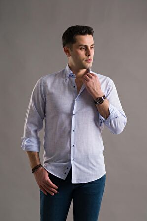 EVRYTİME SLİMFİT BİTİK KARE YAKA DÜĞMELİ UZUN KOL ERKEK YAZLIK GÖMLEK