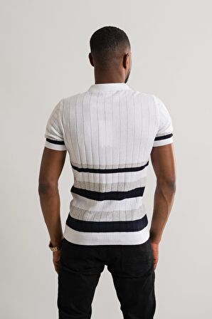 Slimfit Polo Yaka Likralı Çizgili Triko Kumaş Yazlık Spor Erkek T-shirt