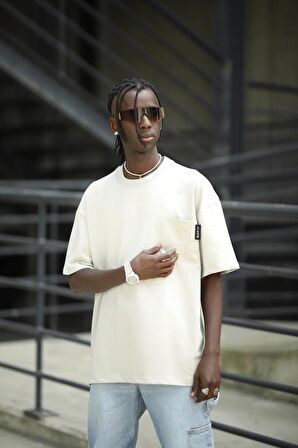 Oversize Pamuklu Bisiklet Yaka Cepli Likralı Erkek Yazlık T-shirt