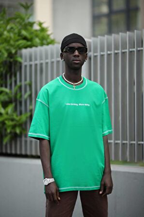 Oversize Bisiklet Yaka Baskılı Ve Zikzak Dikiş Detaylı Erkek Yazlık T-shirt
