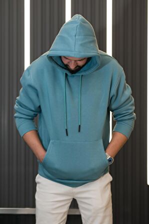 Kapşonlu 3 İplik Kalın İçi Polarlı Oversize Kangru Cepli Erkek Sweatshirt