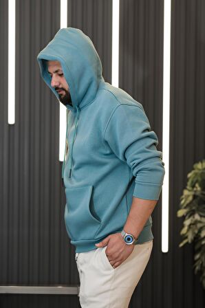 Kapşonlu 3 İplik Kalın İçi Polarlı Oversize Kangru Cepli Erkek Sweatshirt