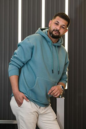 Kapşonlu 3 İplik Kalın İçi Polarlı Oversize Kangru Cepli Erkek Sweatshirt