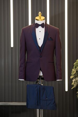 Regular Fit Armürlü Şal Yaka (Yaka Çıkmalı) Yelekli Papyonlu Smokin Takım Elbise