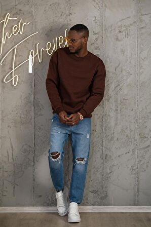 Oversize 3 İplik İçi Polarlı Bisiklet Yaka Basic Sweatshirt