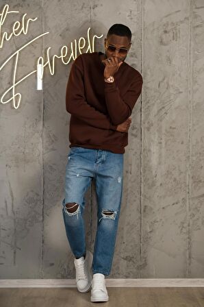 Oversize 3 İplik İçi Polarlı Bisiklet Yaka Basic Sweatshirt