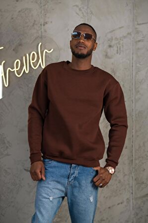 Oversize 3 İplik İçi Polarlı Bisiklet Yaka Basic Sweatshirt