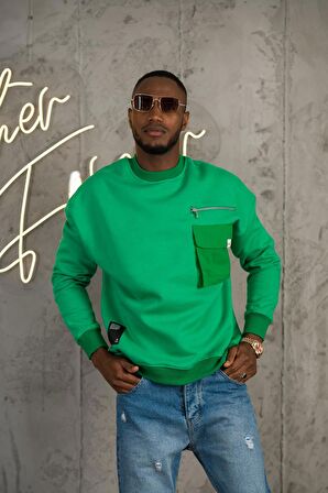 Oversize 3 İplik Bisiklet Yaka Torba Cepli İçi Polarlı Basic Sweatshirt