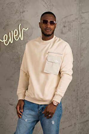 Oversize 3 İplik Bisiklet Yaka Torba Cepli İçi Polarlı Basic Sweatshirt