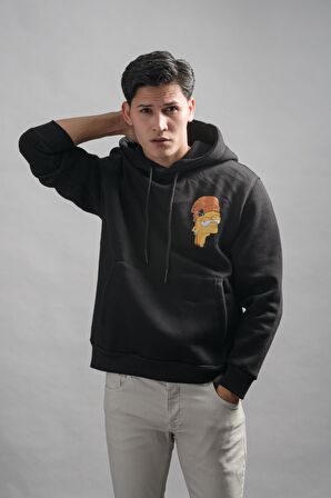 Regular Fit Kapşonlu 3 İplik Kalın İçi Polarlı Kangru Cepli Baskılı Erkek Sweatshirt