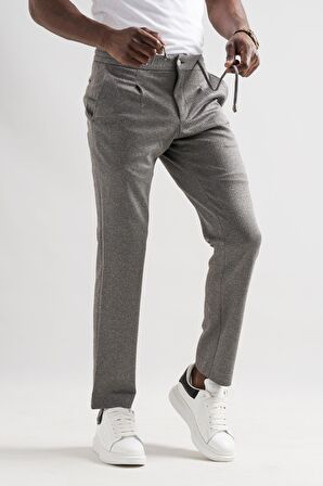 Slimfit Beli Lastikli İplikli Çizgili Tek Pileli Kışlık Kumaş Erkek Jogger Pantolon