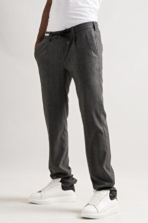 Ecer Tek Pileli Slimfit Beli Lastikli Ve İplikli Çizgili Kışlık Erkek Kumaş Pantolon