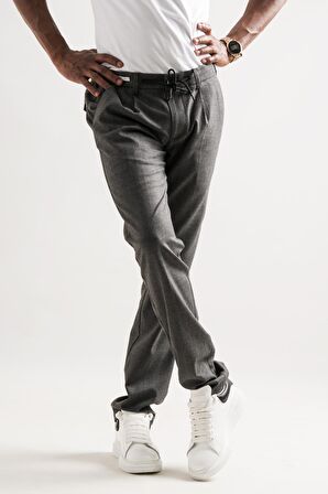 Ecer Tek Pileli Slimfit Beli Lastikli Ve İplikli Çizgili Kışlık Erkek Kumaş Pantolon