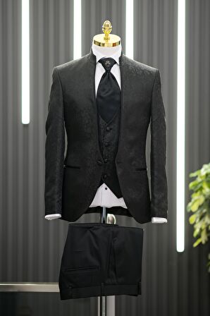 Hakim Yaka Şal Desenli Slimfit Yelekli Flarlı Siyah Pantolon Kombinli Smokin Takım Elbise