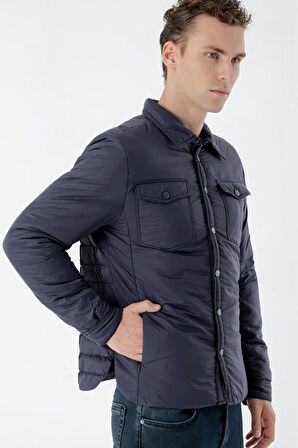 Slimfit Çıtçıt Kapamalı Yan Fermuar Cepli Gömlek Yaka Yandan Yırtmaçlı Baharlık Kapitone Mont