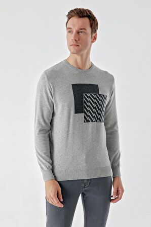 Slimfit Bisiklet Yaka Önü Desenli Pamuklu Erkek Triko Kazak