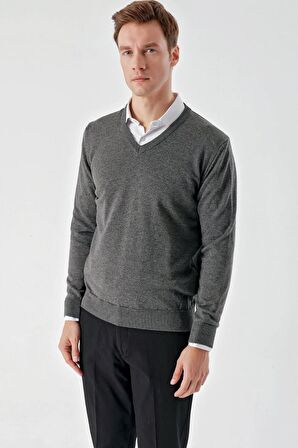 Slimfit V Yaka Düz Basic Model Pamuklu Erkek Uzun Kol Triko Kazak
