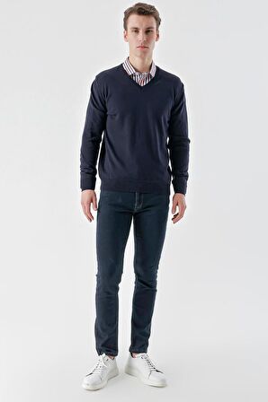 Slimfit V Yaka Düz Basic Model Pamuklu Erkek Uzun Kol Triko Kazak