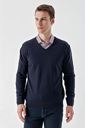 Slimfit V Yaka Düz Basic Model Pamuklu Erkek Uzun Kol Triko Kazak