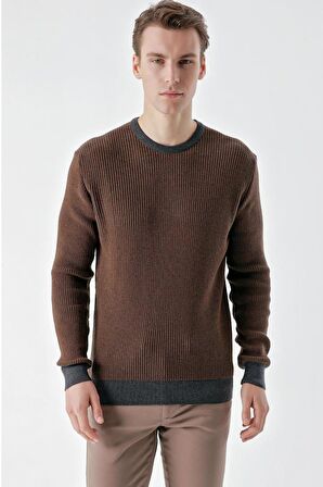 Slimfit Bisiklet Yaka Örgü Desenli Pamuklu Erkek Triko Kazak