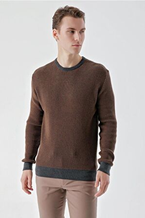 Slimfit Bisiklet Yaka Örgü Desenli Pamuklu Erkek Triko Kazak