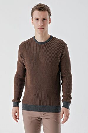 Slimfit Bisiklet Yaka Örgü Desenli Pamuklu Erkek Triko Kazak