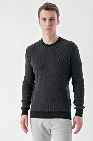 Slimfit Bisiklet Yaka Örgü Desenli Pamuklu Erkek Triko Kazak