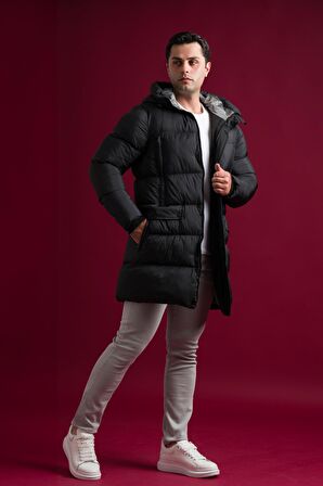 Slimfit Kapşonlu Çıtçıt Ve Fermuar Kapamalı Yan Ve Gögüs Fermuar Cepli Yoğun Elyaf Dolgulu Uzun Mont