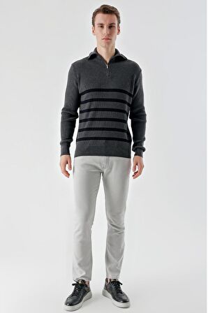 Slimfit Fermuarlı Boğazlı Yaka Çizgili Pamuklu Erkek Spor Triko Kazak