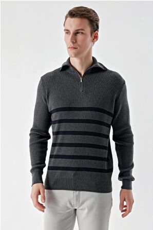 Slimfit Fermuarlı Boğazlı Yaka Çizgili Pamuklu Erkek Spor Triko Kazak