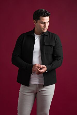 Slimfit Fermuar Kapamalı Yan Cepli  Dokulu Spor Erkek Gömlek