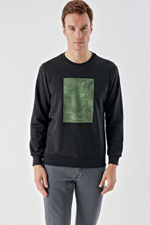 Slimfit Bisiklet Yaka Önü Baskılı 2 İplik Erkek Sweatshirt