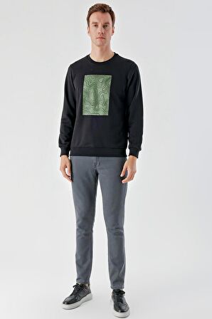 Slimfit Bisiklet Yaka Önü Baskılı 2 İplik Erkek Sweatshirt