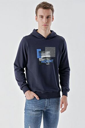 Slimfit Kapşonlu Önü Baskılı 2 İplik Erkek Sweatshirt