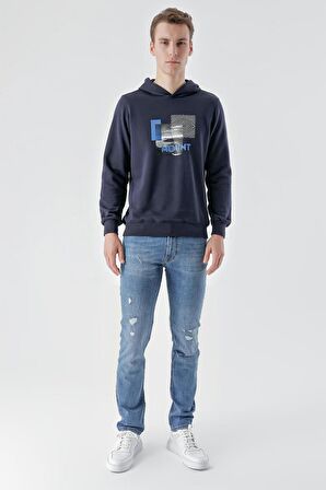 Slimfit Kapşonlu Önü Baskılı 2 İplik Erkek Sweatshirt