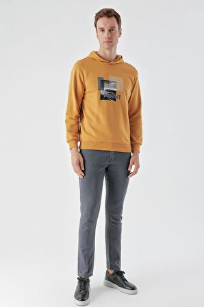 Slimfit Kapşonlu Önü Baskılı 2 İplik Erkek Sweatshirt