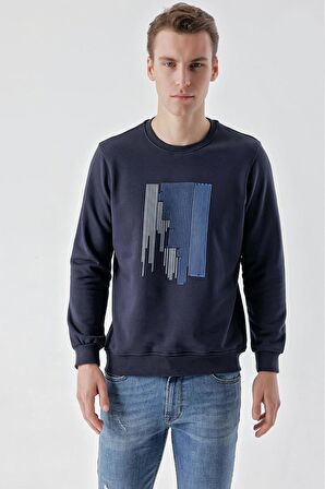 Slimfit Bisiklet Yaka Önü Baskılı 2 İplik Erkek Sweatshirt