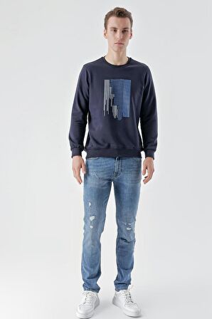 Slimfit Bisiklet Yaka Önü Baskılı 2 İplik Erkek Sweatshirt