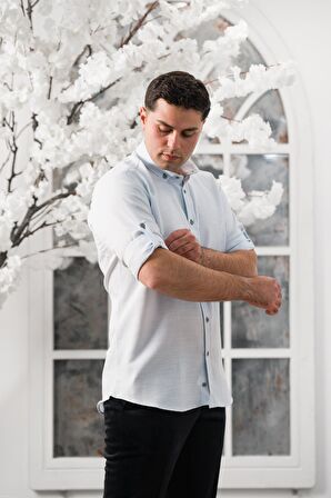 Advante Slimfit Katlamalı Kol Hasırlı Armürlü Yaka Düğmeli Erkek Gömlek