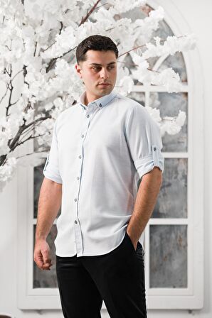 Advante Slimfit Katlamalı Kol Hasırlı Armürlü Yaka Düğmeli Erkek Gömlek